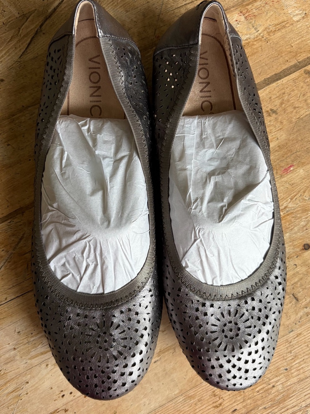Vionic Metallic Taupe Perforated Ballet Flats